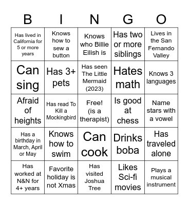 Nurture & Nature Social Bingo Card