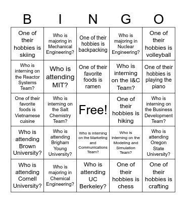 Intern Bingo Card