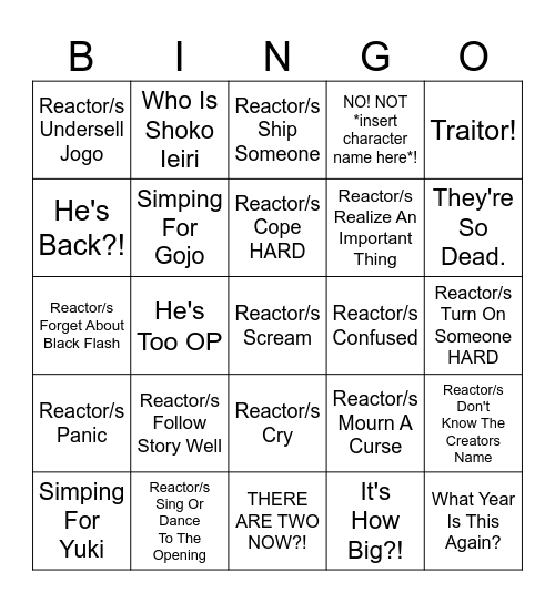 JJK 2 Reaction Bingo Card