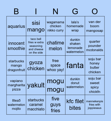 lalas fav meal + drinks Bingo Card