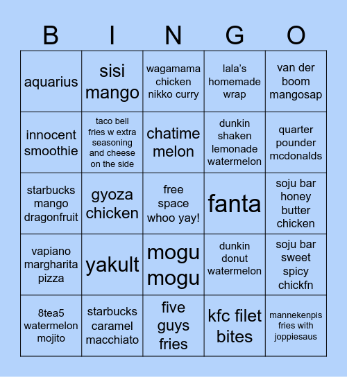 lalas fav meal + drinks Bingo Card