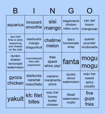 lalas fav meal + drinks Bingo Card