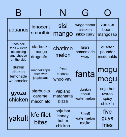 lalas fav meal + drinks Bingo Card