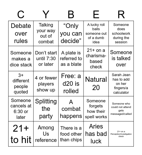 D&D Bingo June 23rd Bingo Card