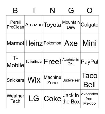 Super Bowl Commercial Bingo Card