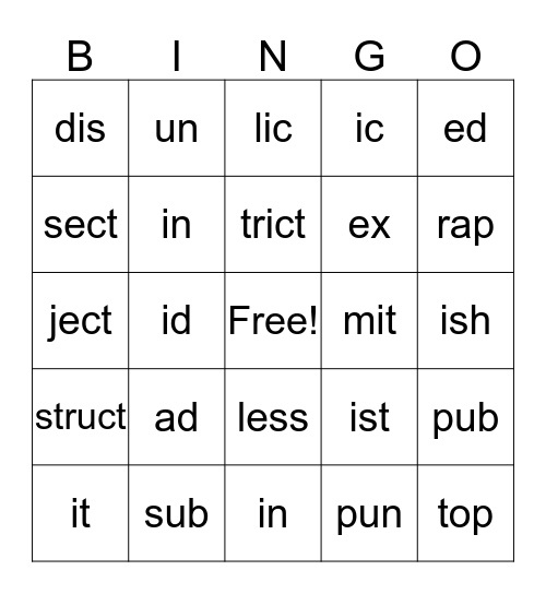 Closed Syllable Bingo Card