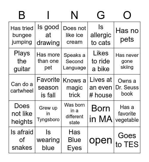 Get to Know Your Neighbor Bingo Card