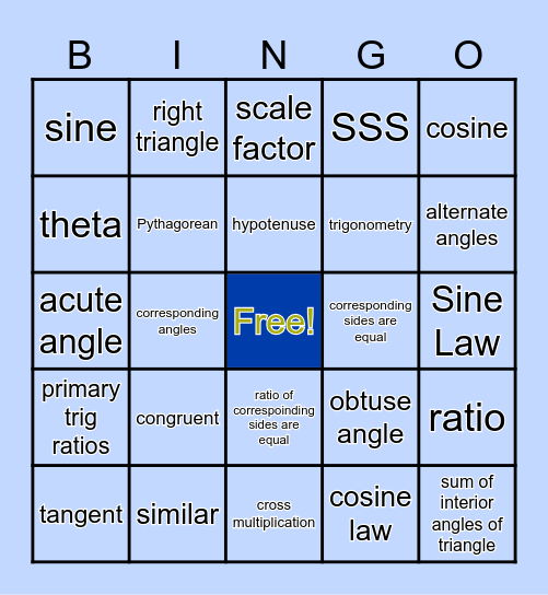 Trigonometry etc. Bingo Card