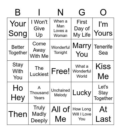 First Dance Songs Bingo Card