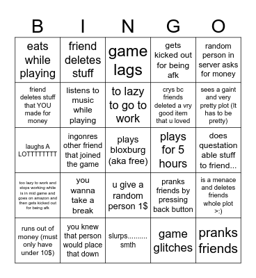 BLOXBURG BINGOOOOOOOOO Bingo Card