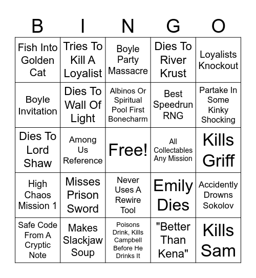 Dishonored Casual Bingo Card