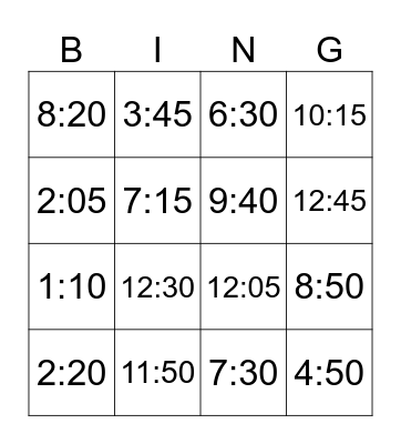 Telling the Time Bingo Card