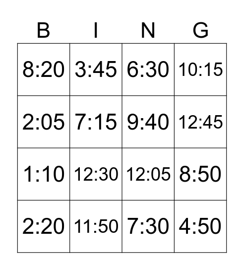 Telling the Time Bingo Card