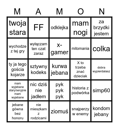 Mammon60 Bingo Card