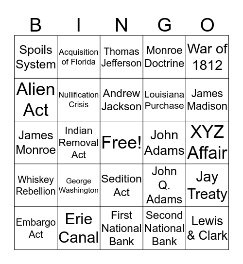 First 7 Presidents Bingo Card