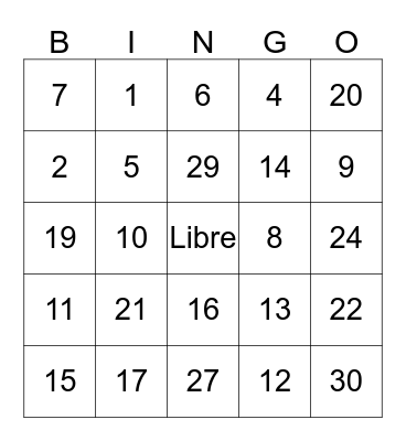 Los Numeros Bingo Card