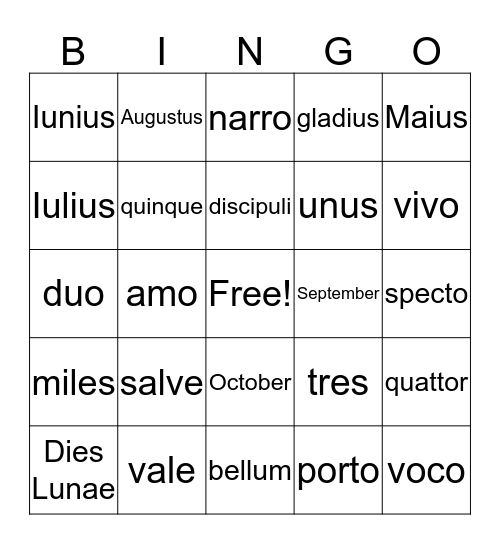 Latin Bingo Card