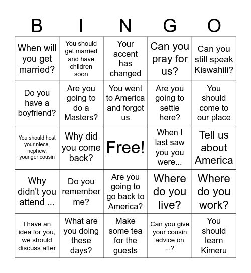 Christine's bingo Card