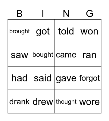 Irregular verbs Bingo Card