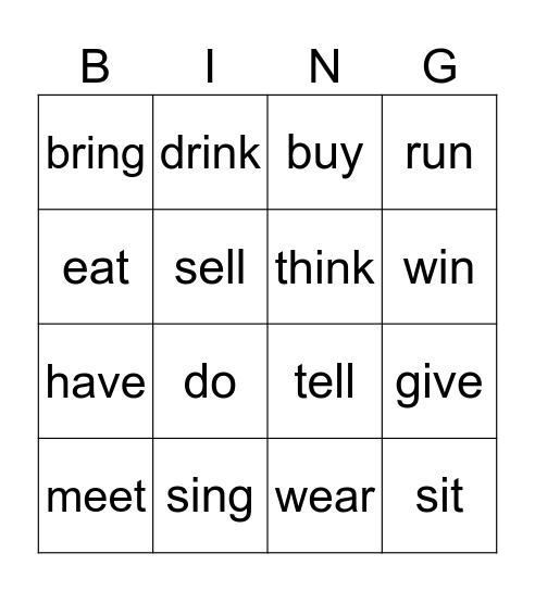 irreguler verbs base form Bingo Card