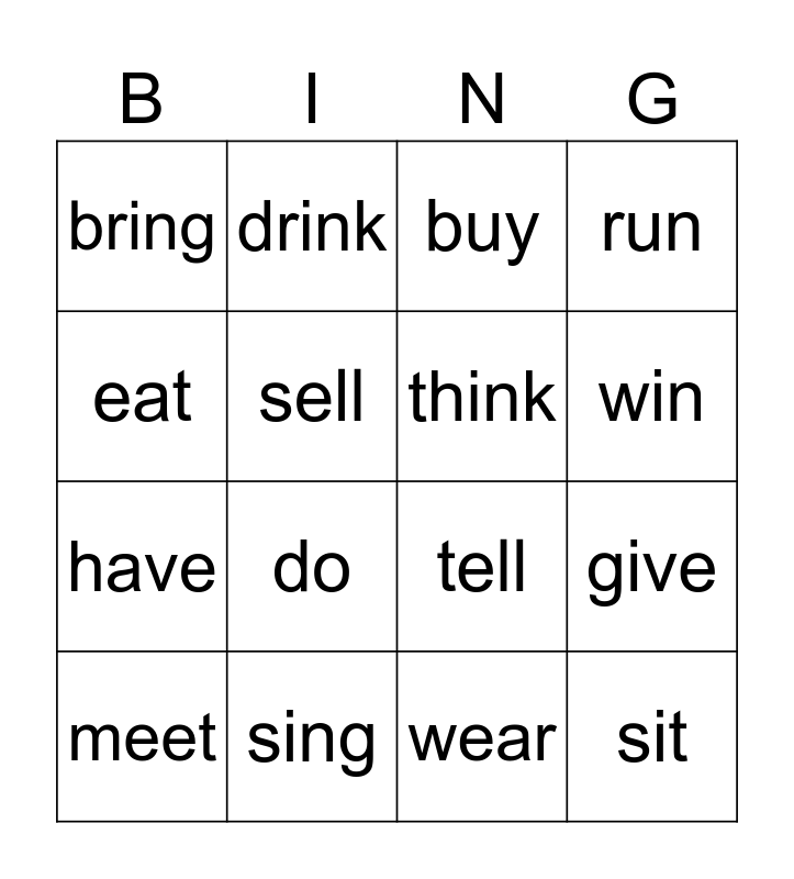 irreguler verbs base form Bingo Card