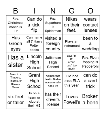 Classmate Bingo Card
