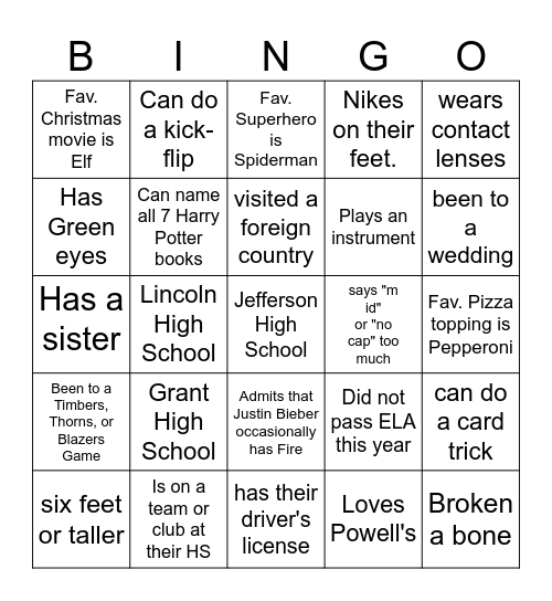 Classmate Bingo Card