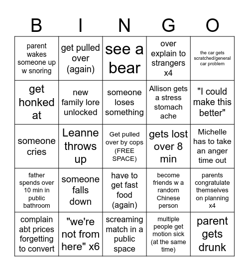 Turbo Disaster Family Vacation Bingo Card