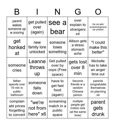 Turbo Disaster Family Vacation Bingo Card