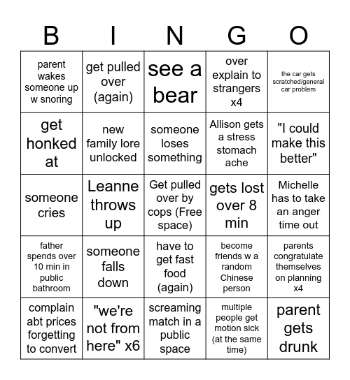 Turbo Disaster Family Vacation Bingo Card