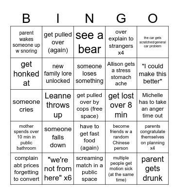 Turbo Disaster Family Vacation Bingo Card