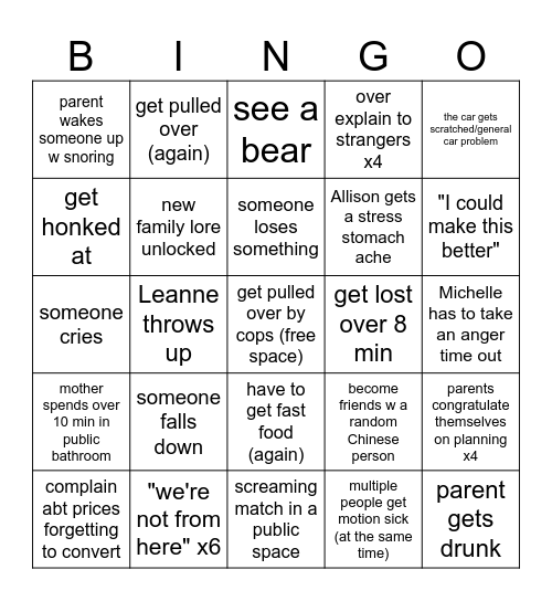 Turbo Disaster Family Vacation Bingo Card