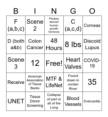 Tissue Donation Bingo Card