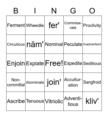 Vocabulary, Section 3 Bingo Card