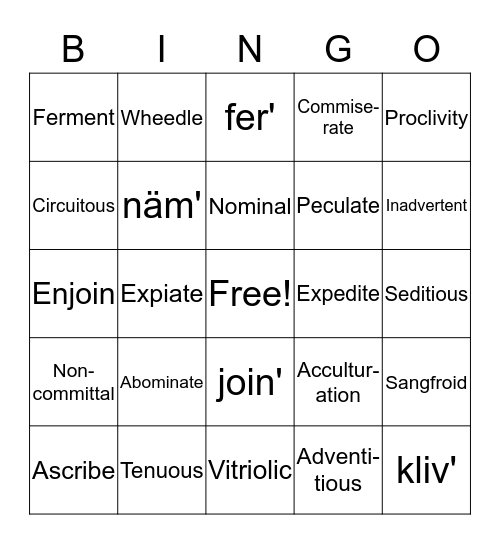 Vocabulary, Section 3 Bingo Card