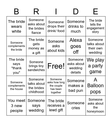 Bridal Bingo Card