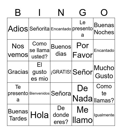 Spanish Greetings and Basics Bingo Card