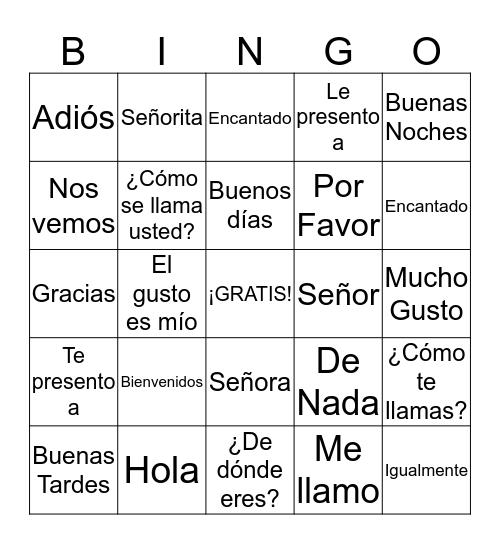 Spanish Greetings and Basics Bingo Card