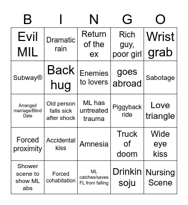 Kdrama cliches Bingo Card