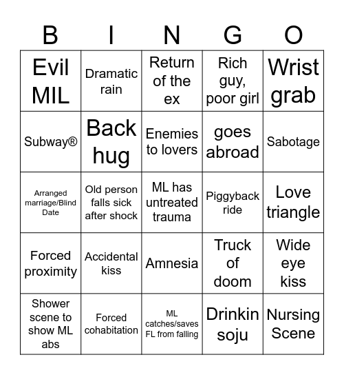 Kdrama cliches Bingo Card