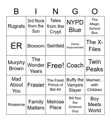 90s TV Shows Bingo Card