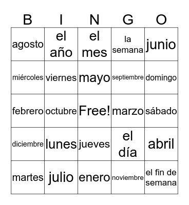 Los díás de la semana y los meses Bingo Card