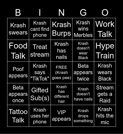 Krash Stream Bingo Card