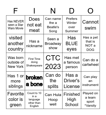 CTC Summer TheatreCAMP  FINDO Bingo Card