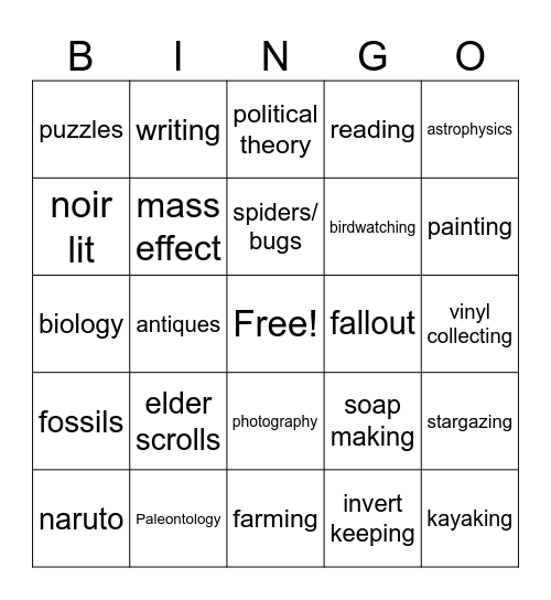 how many jnterests Bingo Card