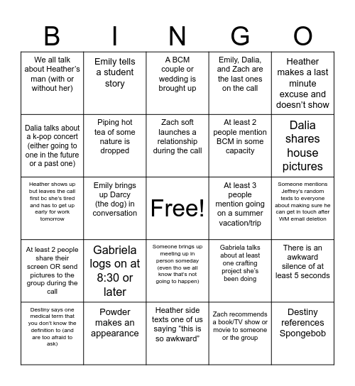 Friend’s Room Facetime BINGO Card