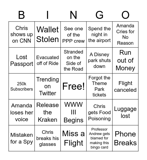 Provost Park Pass "What could go wrong?" Bingo Card