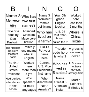 Diversity Bingo for co-workers Bingo Card