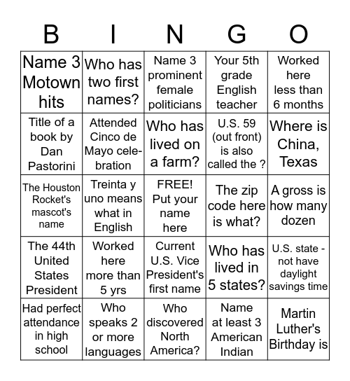 Diversity Bingo for co-workers Bingo Card