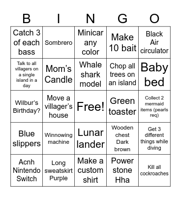 Animal Crossing items/tasks Bingo Card